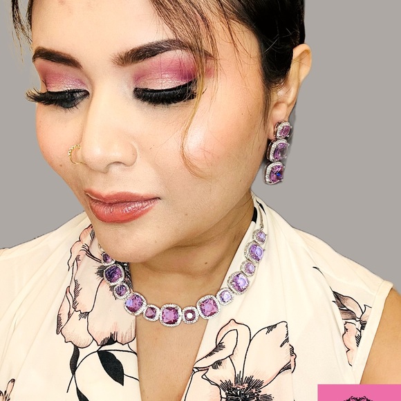 American Diamonds Necklace with Amethyst Crystals on Sterling Silver - Picture 7 of 9